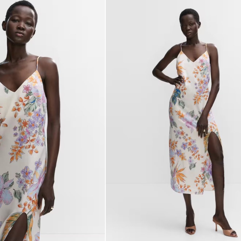 Mango Side-slit satin dress in tropical floral print
